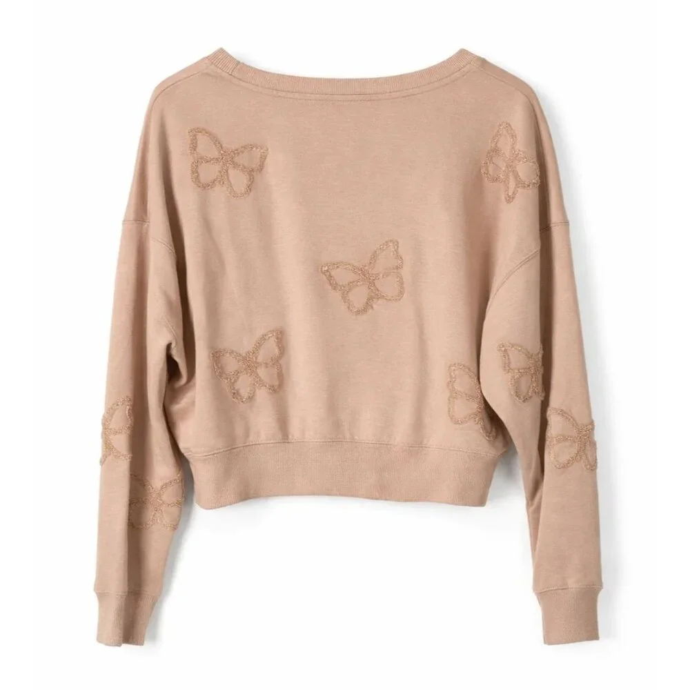 Olive & Oak Nude Pinky Beige Rose Butterfly Embroidered Crop Sweatshirt M, NWT - Picture 5 of 7
